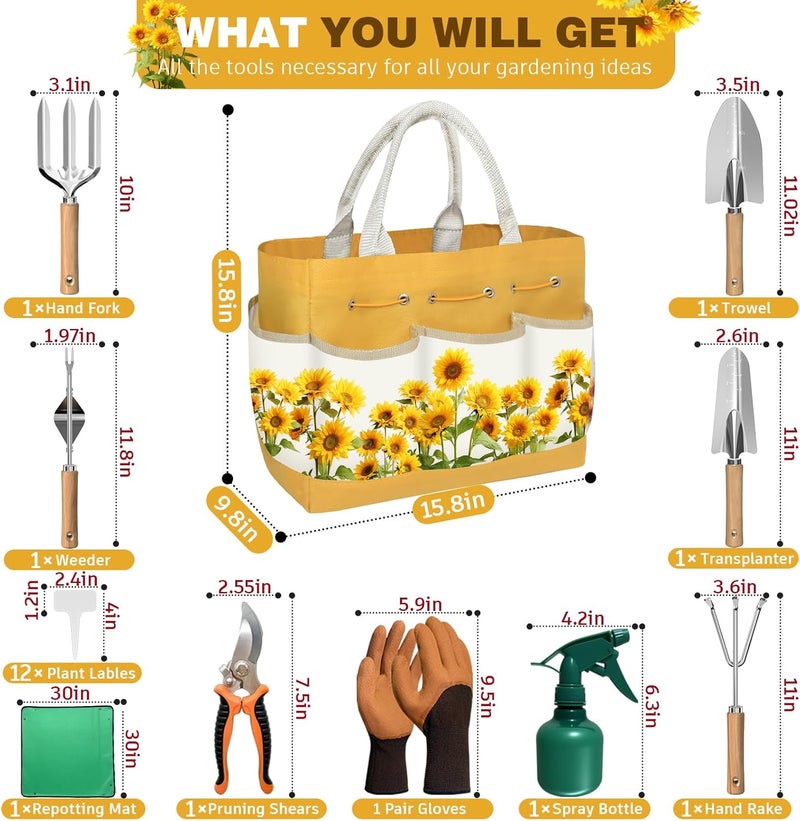 OUREST 22Pcs Gardening Tools Set for Women Heavy Duty Garden Hand Tool Kit Gifts for Mom Beginner Gardener Gardening Accessories with SunflowerTote Bag/Shovel/RepottingMat/Plant Labels/Gloves-Yellow - Image 2